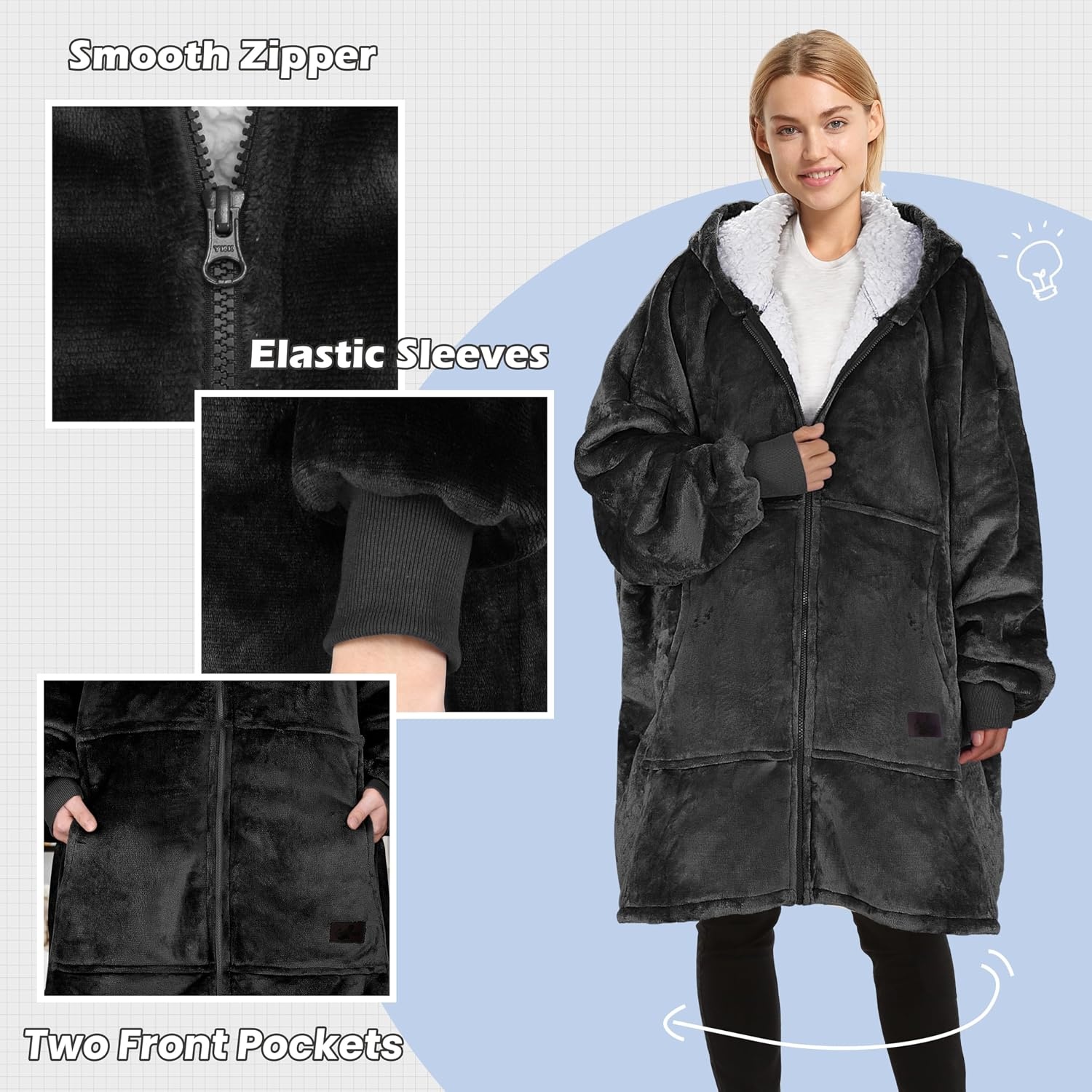 image:imageCatalonia Zip Up Wearable Blanket Hoodie Oversized Sherpa SweatshirtBlack