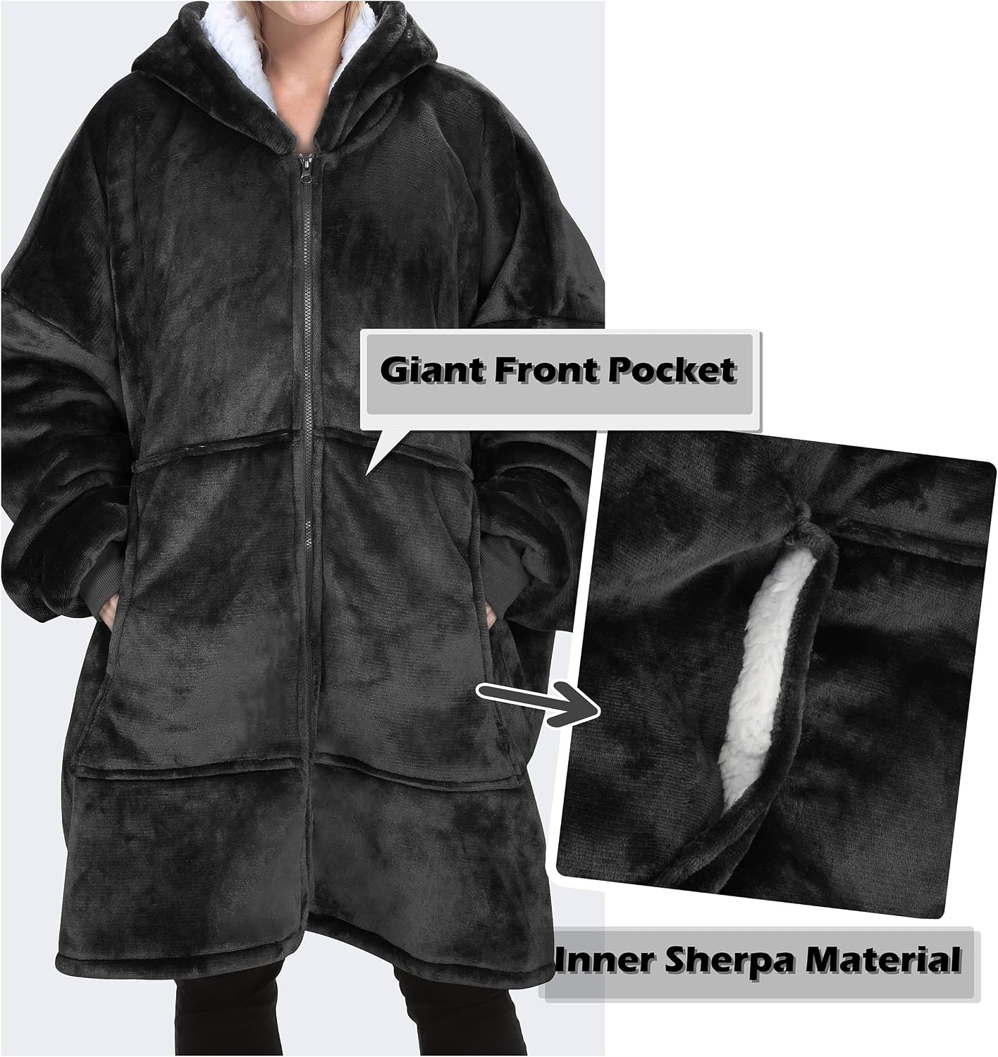 image:imageCatalonia Zip Up Wearable Blanket Hoodie Oversized Sherpa SweatshirtBlack