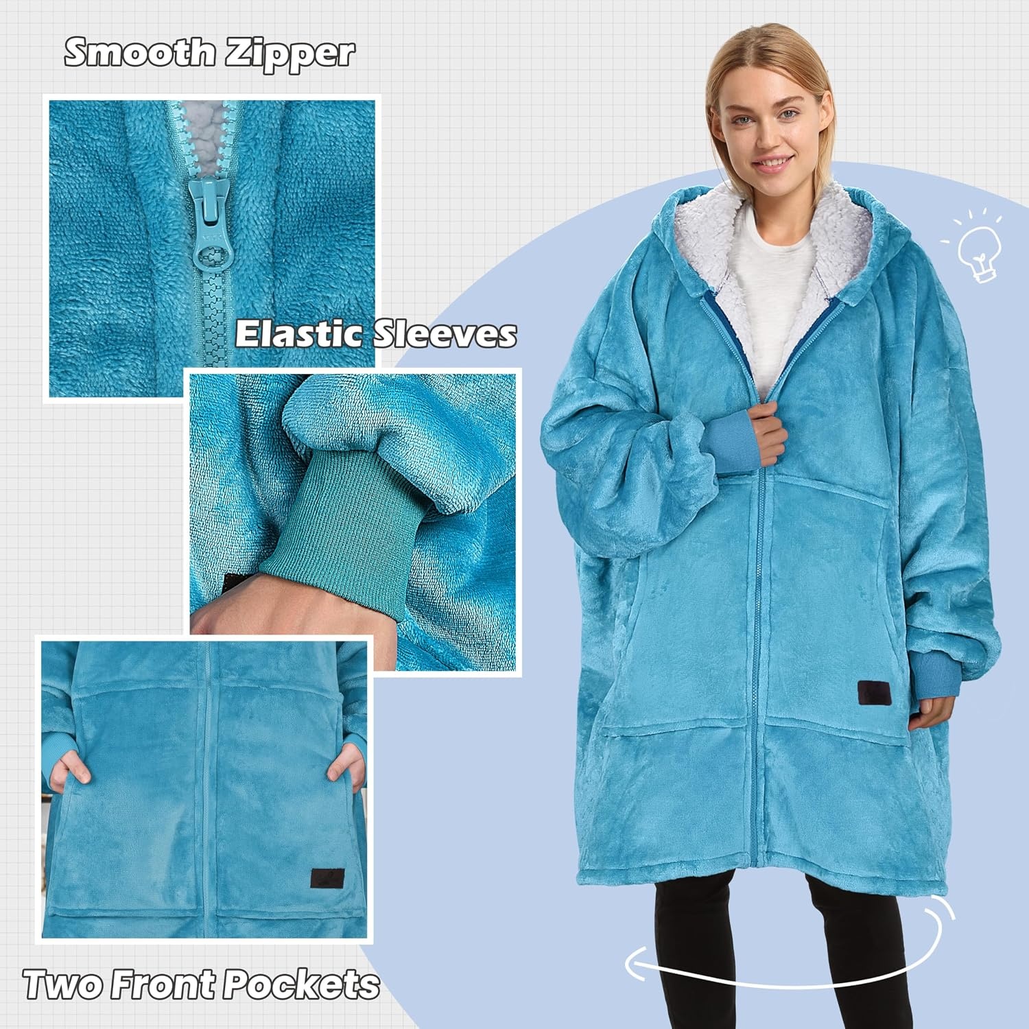 image:imageCatalonia Zip Up Wearable Blanket Hoodie Oversized Sherpa SweatshirtBlue