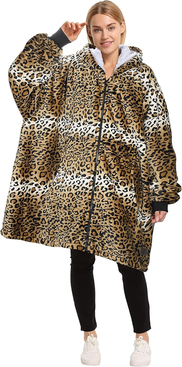 image:imageCatalonia Zip Up Wearable Blanket Hoodie Oversized Sherpa SweatshirtCheetah