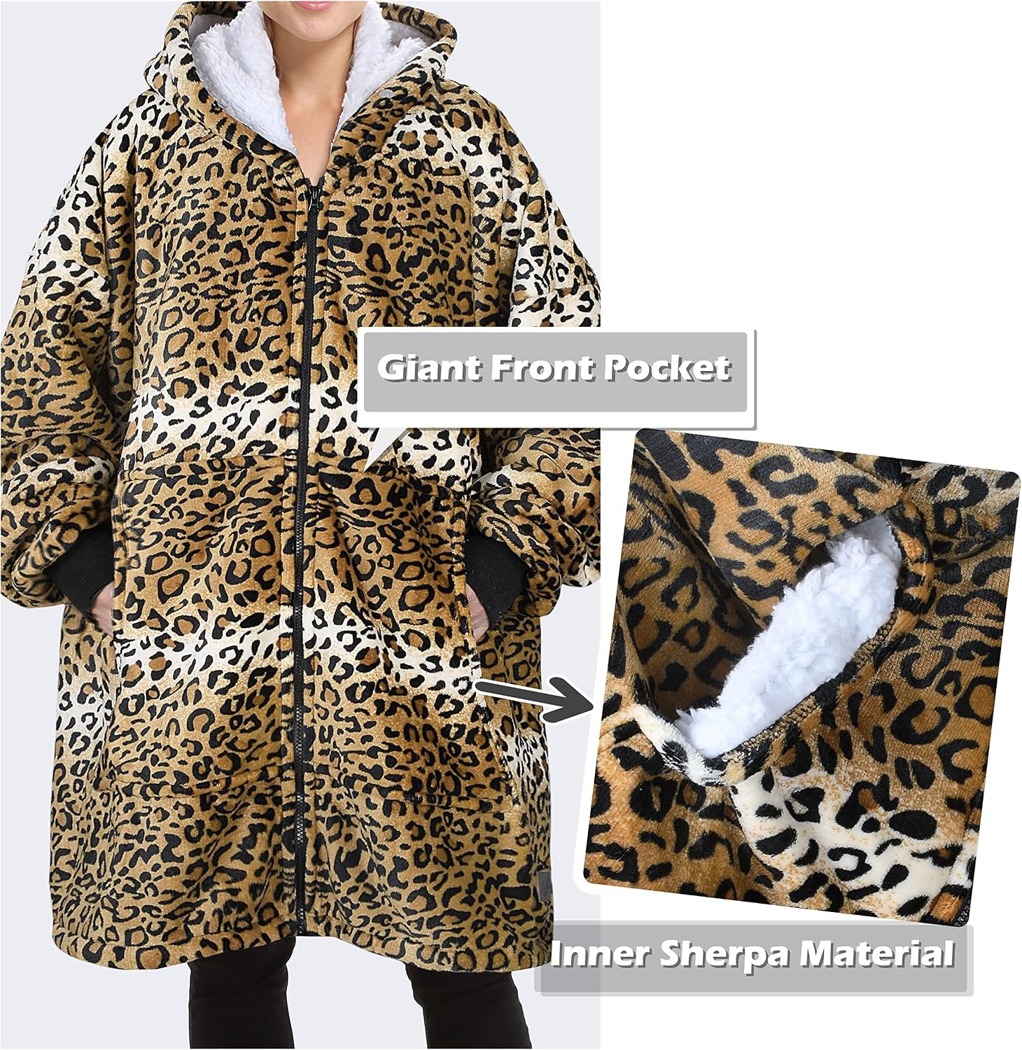 image:imageCatalonia Zip Up Wearable Blanket Hoodie Oversized Sherpa SweatshirtCheetah