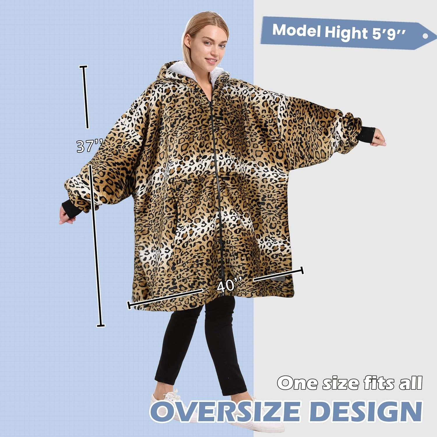 image:imageCatalonia Zip Up Wearable Blanket Hoodie Oversized Sherpa SweatshirtCheetah