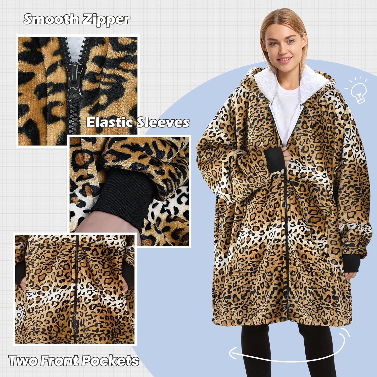 image:imageCatalonia Zip Up Wearable Blanket Hoodie Oversized Sherpa SweatshirtCheetah