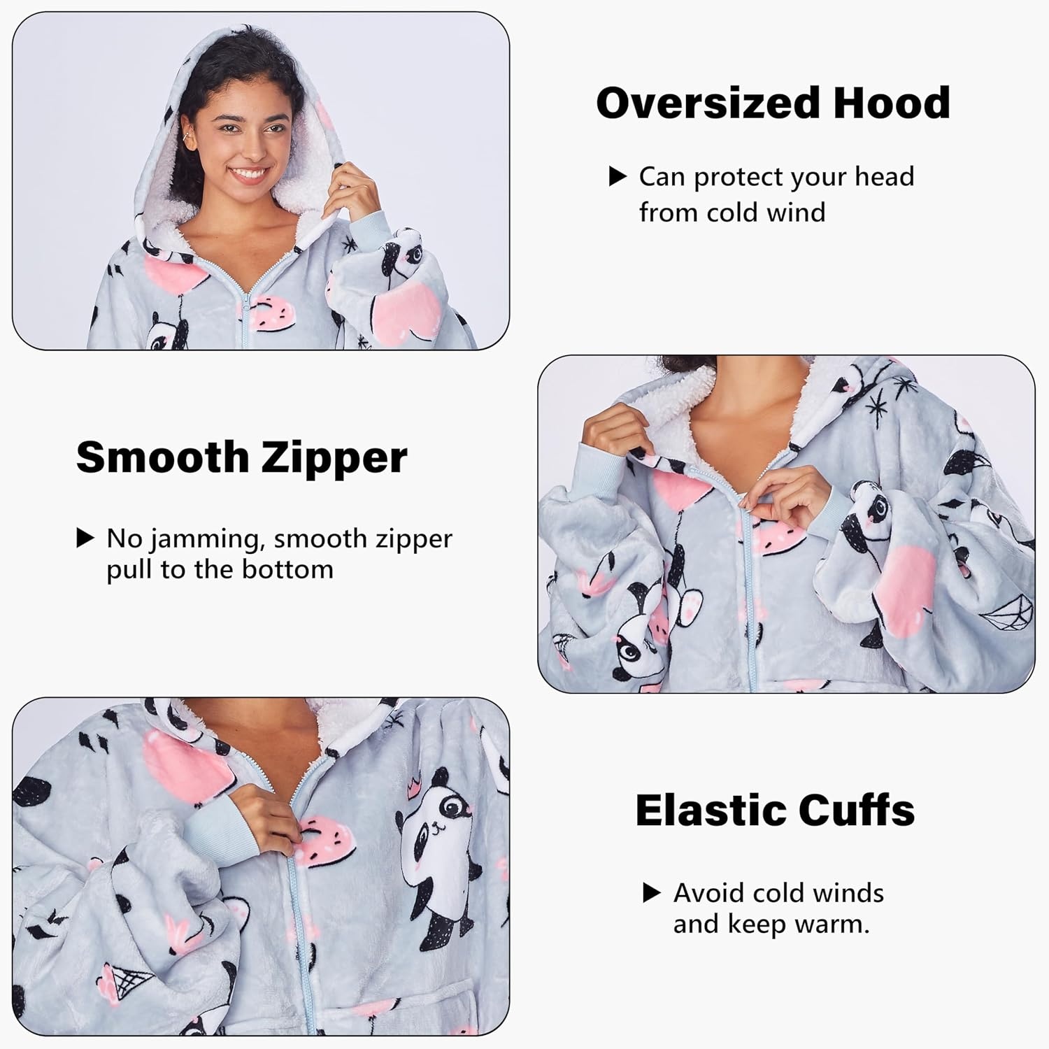 image:imageCatalonia Zip Up Wearable Blanket Hoodie Oversized Sherpa SweatshirtGirl Panda Grey
