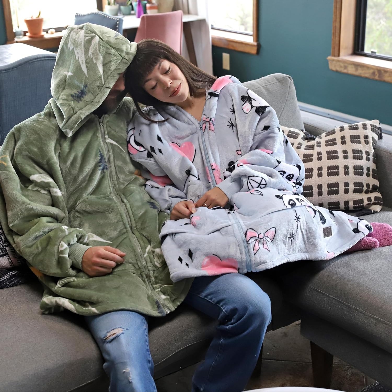 image:imageCatalonia Zip Up Wearable Blanket Hoodie Oversized Sherpa SweatshirtGirl Panda Grey