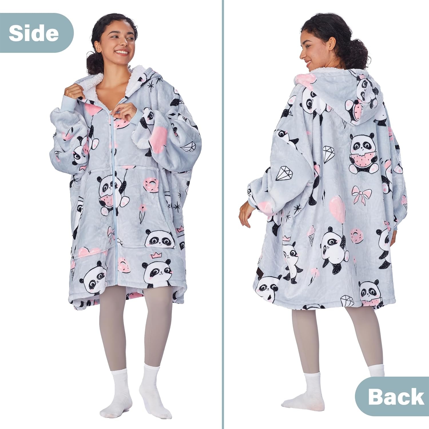 image:imageCatalonia Zip Up Wearable Blanket Hoodie Oversized Sherpa SweatshirtGirl Panda Grey