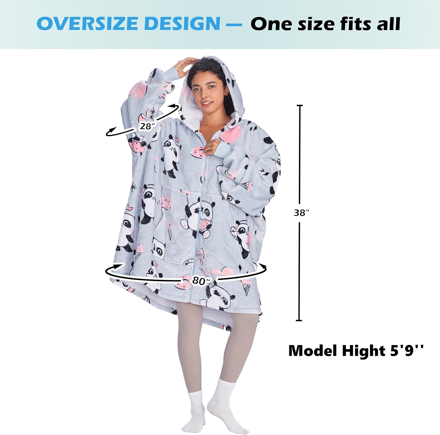 image:imageCatalonia Zip Up Wearable Blanket Hoodie Oversized Sherpa SweatshirtGirl Panda Grey