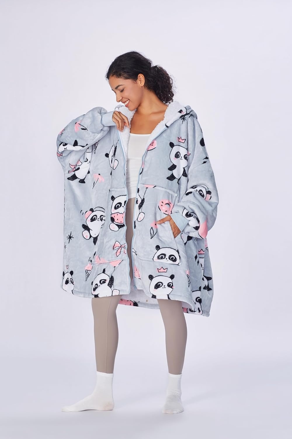 image:imageCatalonia Zip Up Wearable Blanket Hoodie Oversized Sherpa SweatshirtGirl Panda Grey
