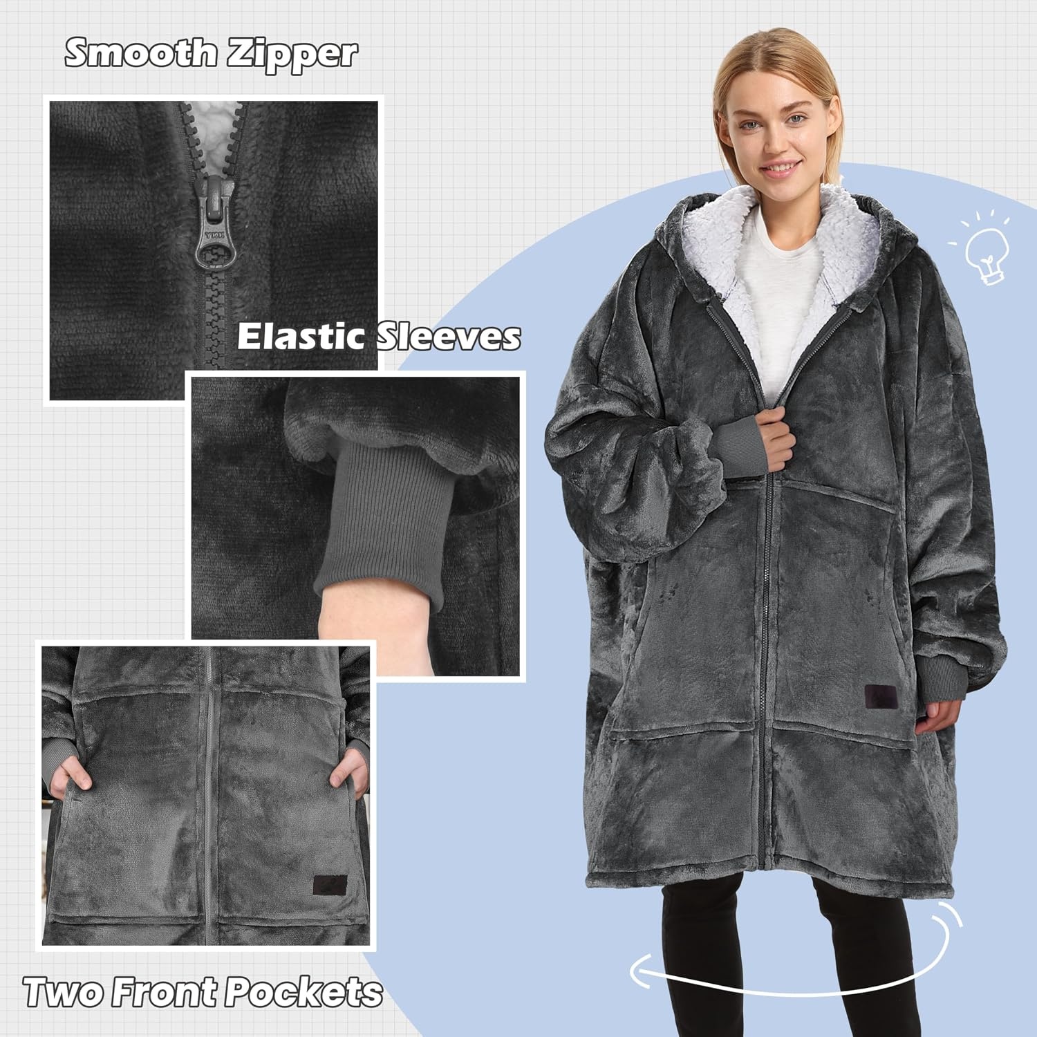 image:imageCatalonia Zip Up Wearable Blanket Hoodie Oversized Sherpa SweatshirtGrey