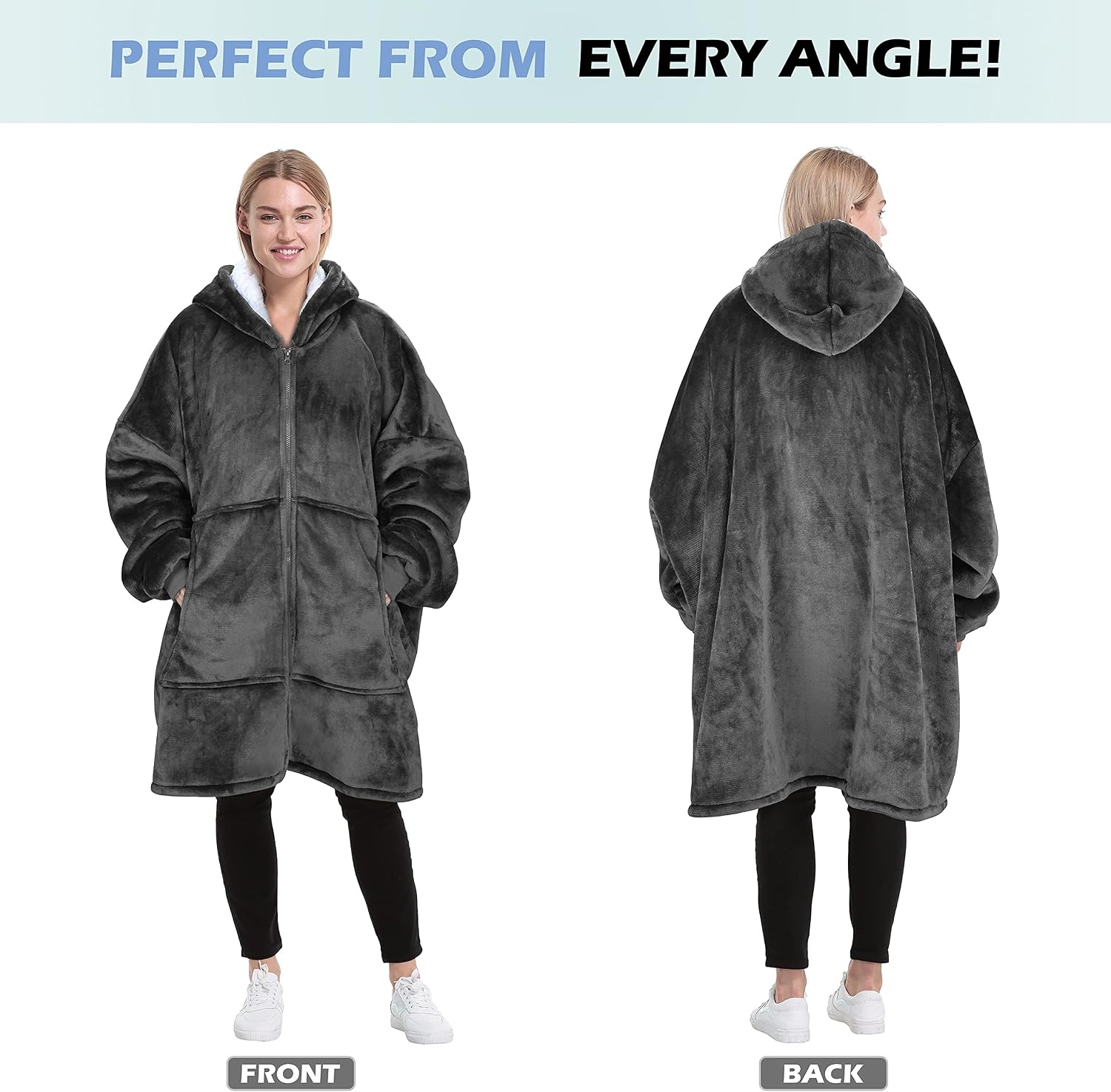 image:imageCatalonia Zip Up Wearable Blanket Hoodie Oversized Sherpa SweatshirtGrey