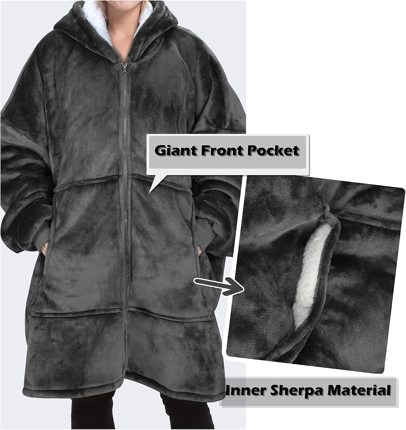 image:imageCatalonia Zip Up Wearable Blanket Hoodie Oversized Sherpa SweatshirtGrey