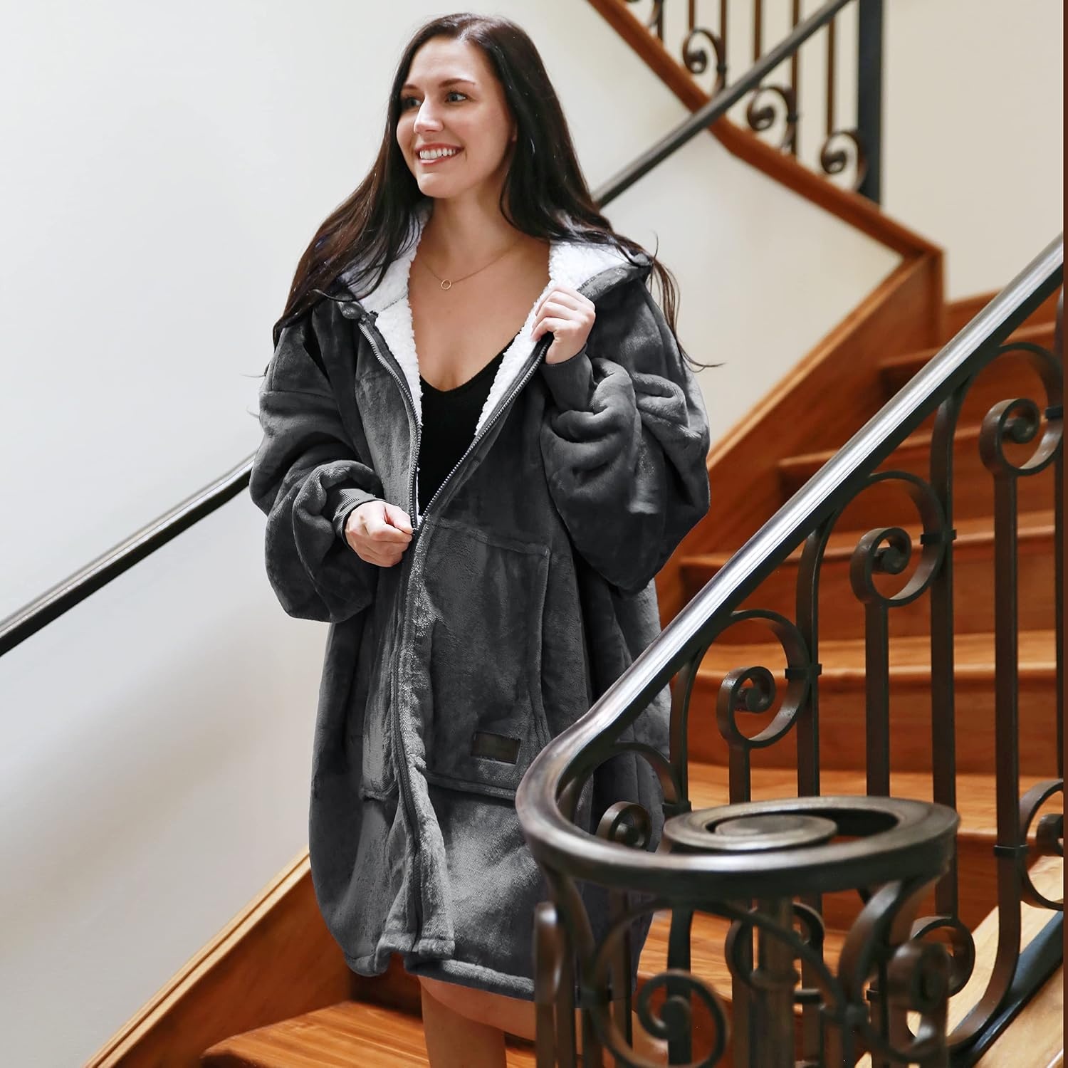 image:imageCatalonia Zip Up Wearable Blanket Hoodie Oversized Sherpa SweatshirtGrey