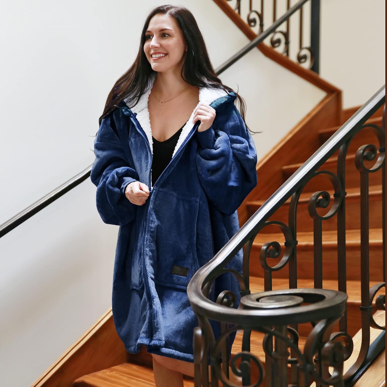 image:imageCatalonia Zip Up Wearable Blanket Hoodie Oversized Sherpa SweatshirtNavy