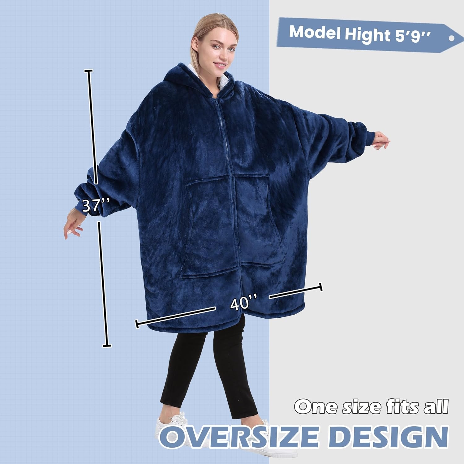 image:imageCatalonia Zip Up Wearable Blanket Hoodie Oversized Sherpa SweatshirtNavy