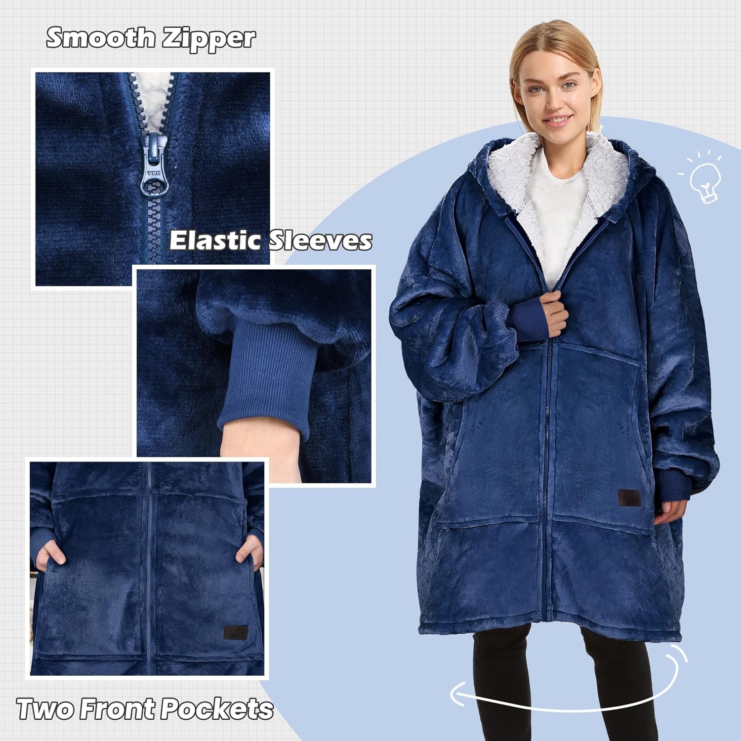image:imageCatalonia Zip Up Wearable Blanket Hoodie Oversized Sherpa SweatshirtNavy