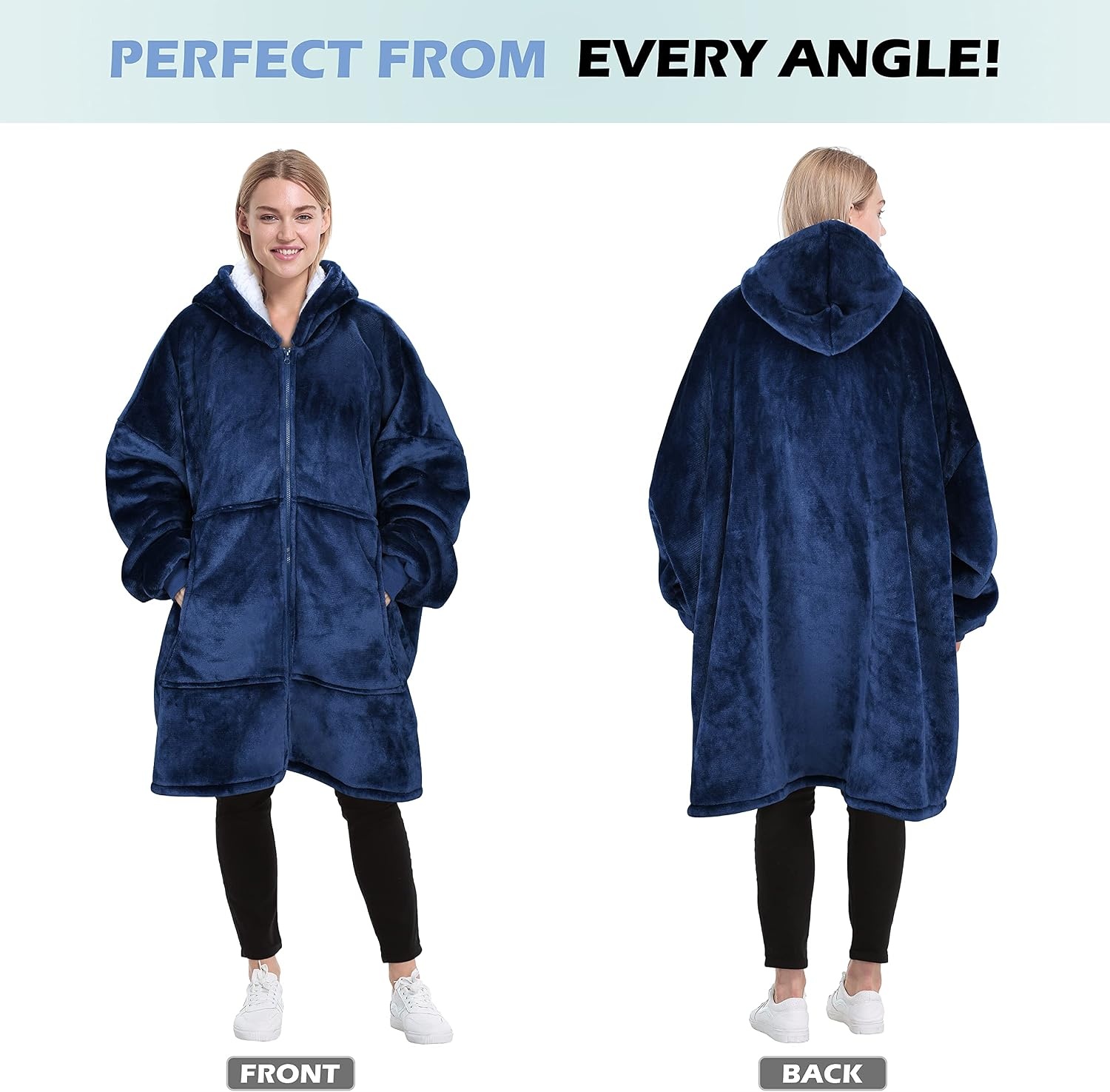 image:imageCatalonia Zip Up Wearable Blanket Hoodie Oversized Sherpa SweatshirtNavy
