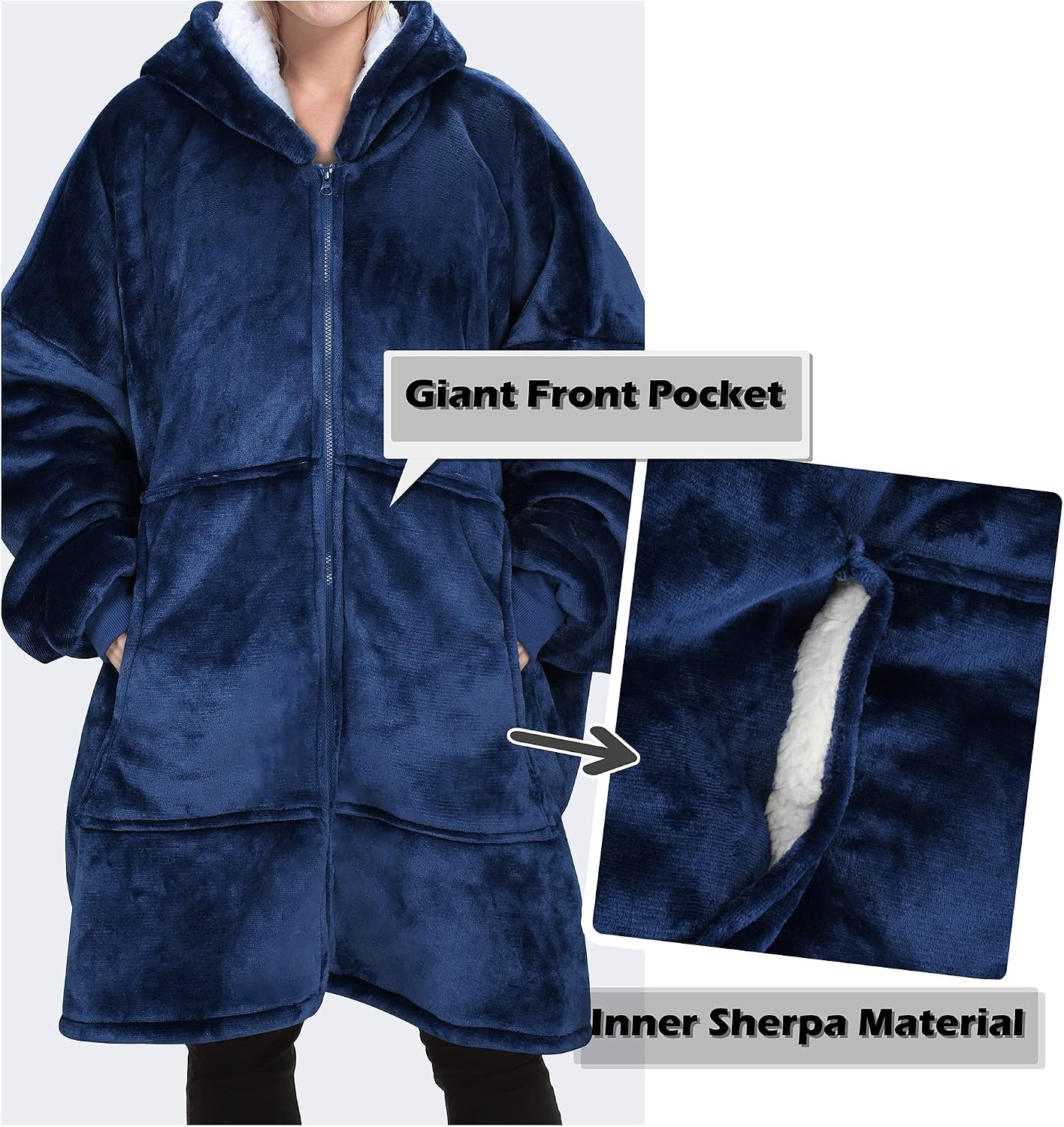 image:imageCatalonia Zip Up Wearable Blanket Hoodie Oversized Sherpa SweatshirtNavy