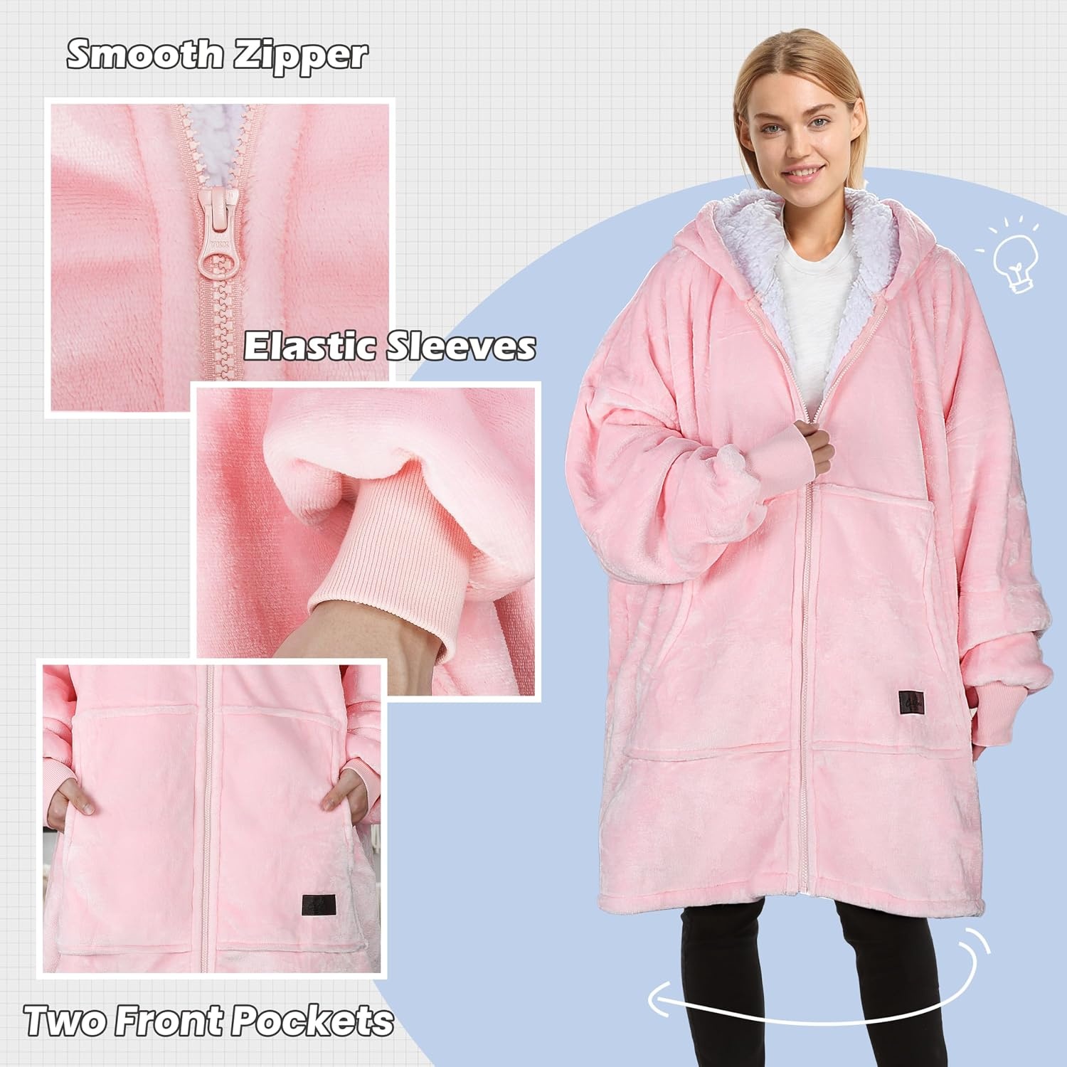 image:imageCatalonia Zip Up Wearable Blanket Hoodie Oversized Sherpa SweatshirtPink
