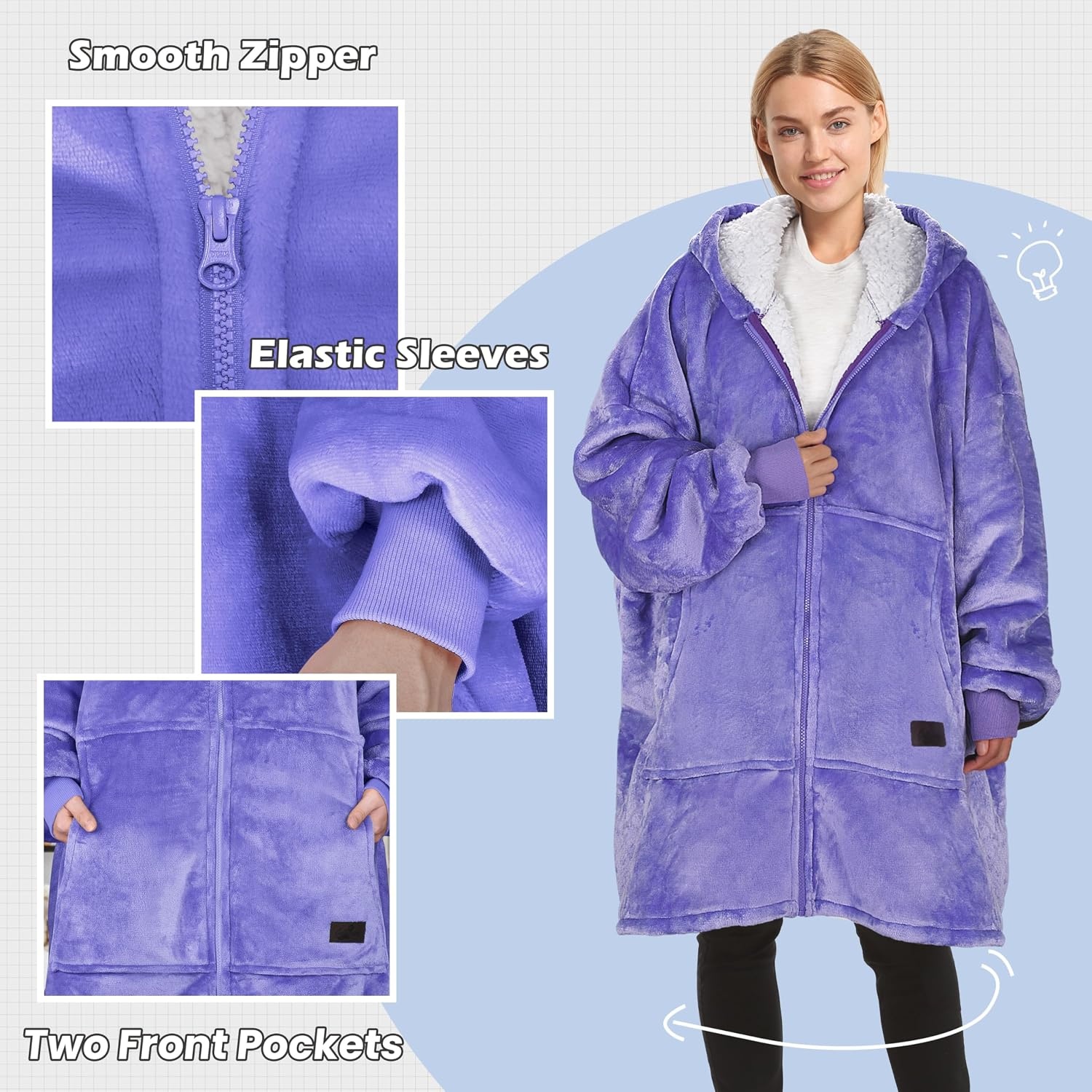 image:imageCatalonia Zip Up Wearable Blanket Hoodie Oversized Sherpa SweatshirtPurple