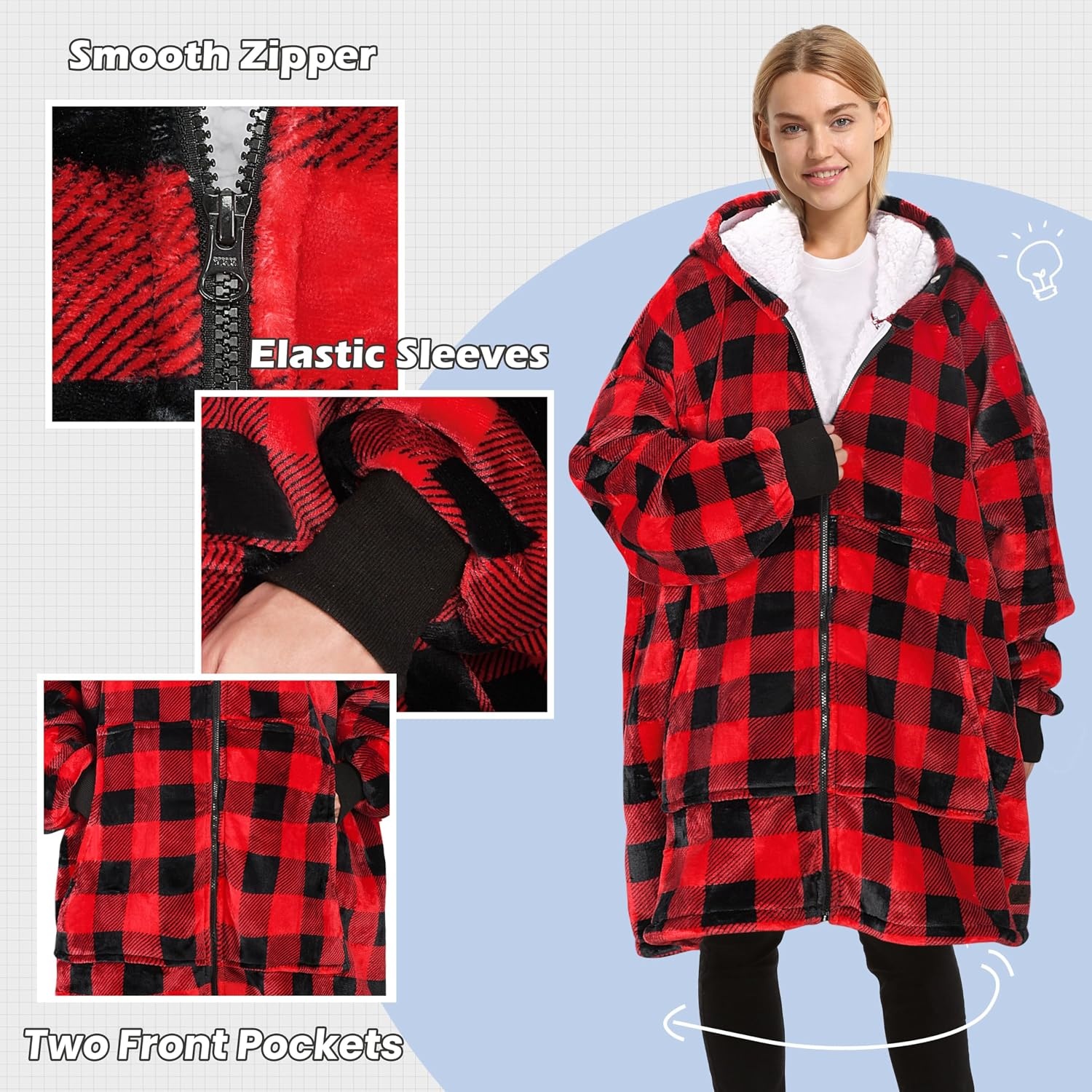 image:imageCatalonia Zip Up Wearable Blanket Hoodie Oversized Sherpa SweatshirtRed Checkered