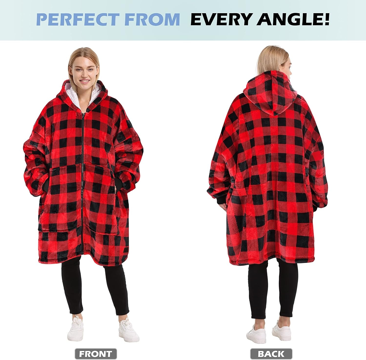 image:imageCatalonia Zip Up Wearable Blanket Hoodie Oversized Sherpa SweatshirtRed Checkered