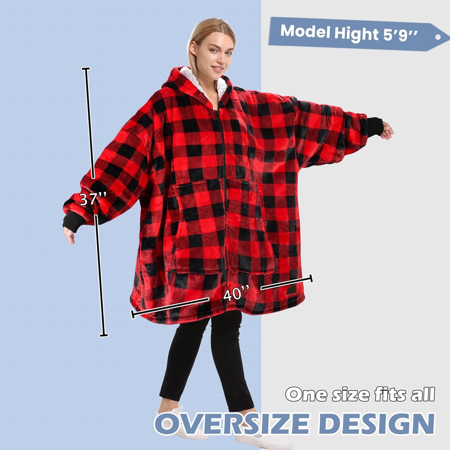 image:imageCatalonia Zip Up Wearable Blanket Hoodie Oversized Sherpa SweatshirtRed Checkered