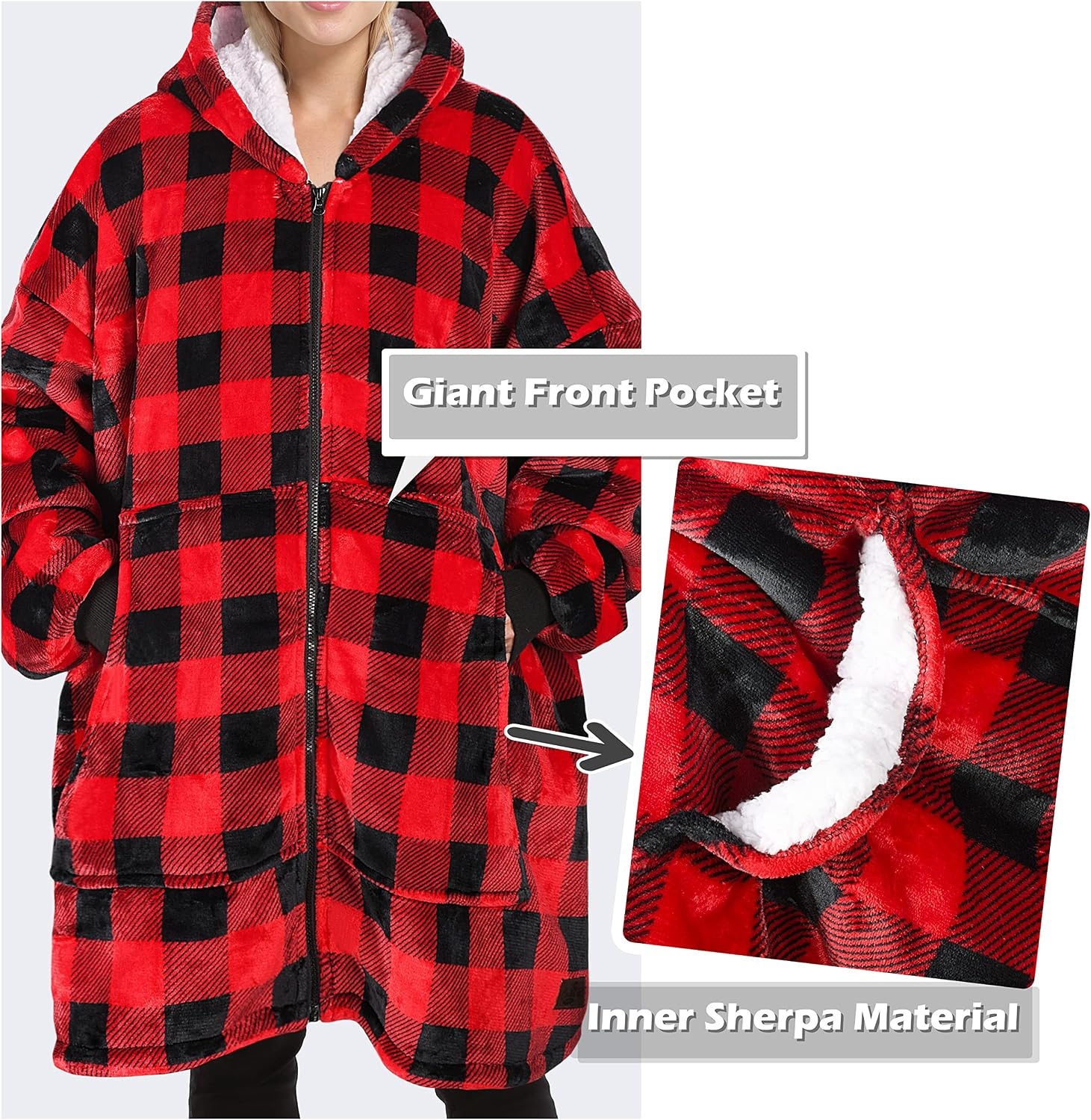 image:imageCatalonia Zip Up Wearable Blanket Hoodie Oversized Sherpa SweatshirtRed Checkered
