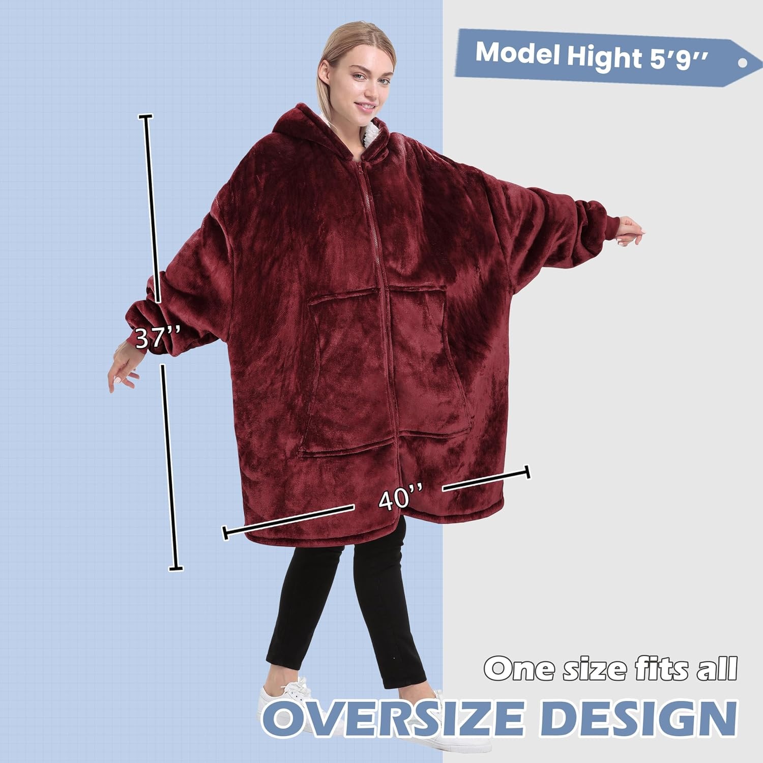 image:imageCatalonia Zip Up Wearable Blanket Hoodie Oversized Sherpa SweatshirtWine