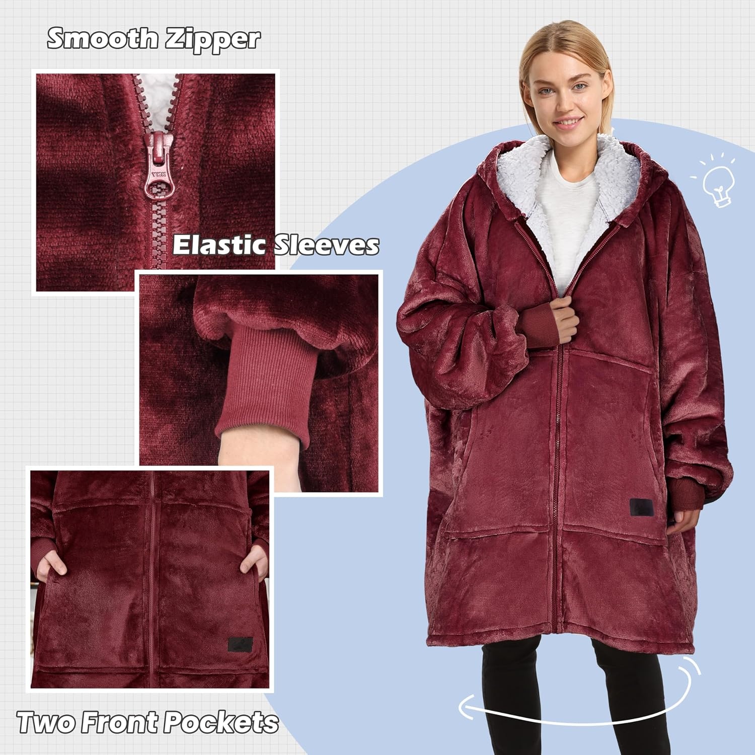 image:imageCatalonia Zip Up Wearable Blanket Hoodie Oversized Sherpa SweatshirtWine