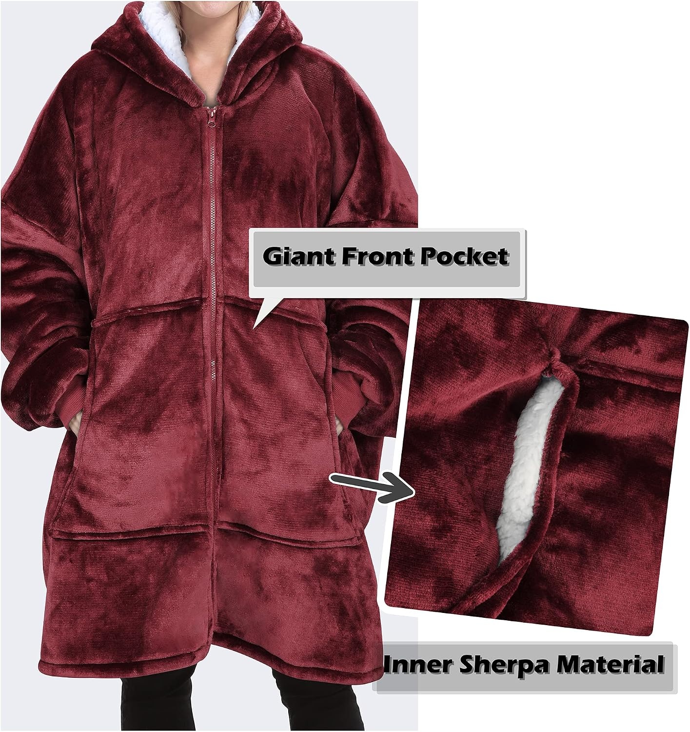 image:imageCatalonia Zip Up Wearable Blanket Hoodie Oversized Sherpa SweatshirtWine