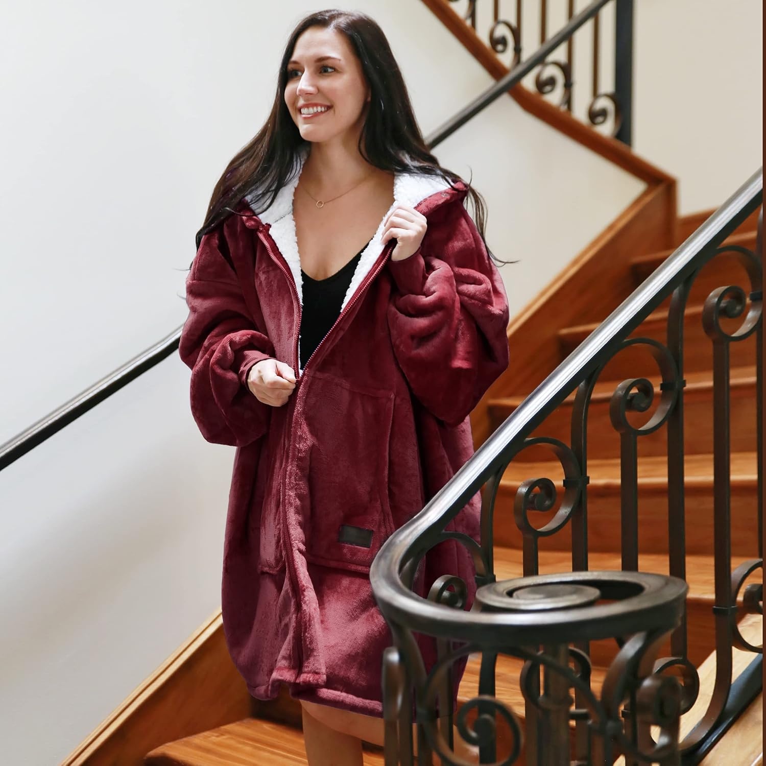 image:imageCatalonia Zip Up Wearable Blanket Hoodie Oversized Sherpa SweatshirtWine