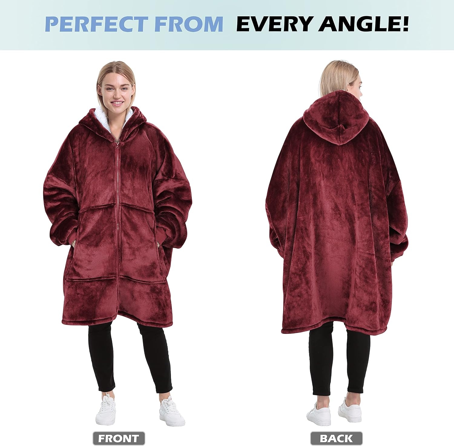 image:imageCatalonia Zip Up Wearable Blanket Hoodie Oversized Sherpa SweatshirtWine