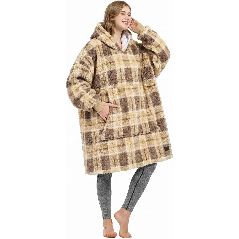 image:imageCatalonia Oversized Blanket Hoodie Wearable Blanket SweatshirtPlaid Beige
