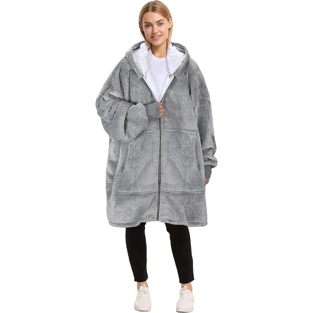 image:imageCatalonia Zip Up Wearable Blanket Hoodie Oversized Sherpa SweatshirtAsh Grey