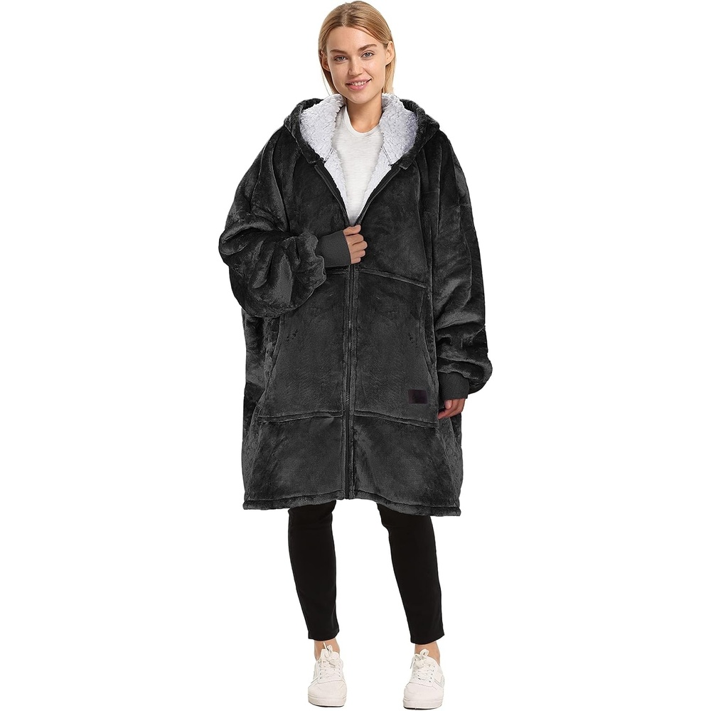 image:imageCatalonia Zip Up Wearable Blanket Hoodie Oversized Sherpa SweatshirtBlack
