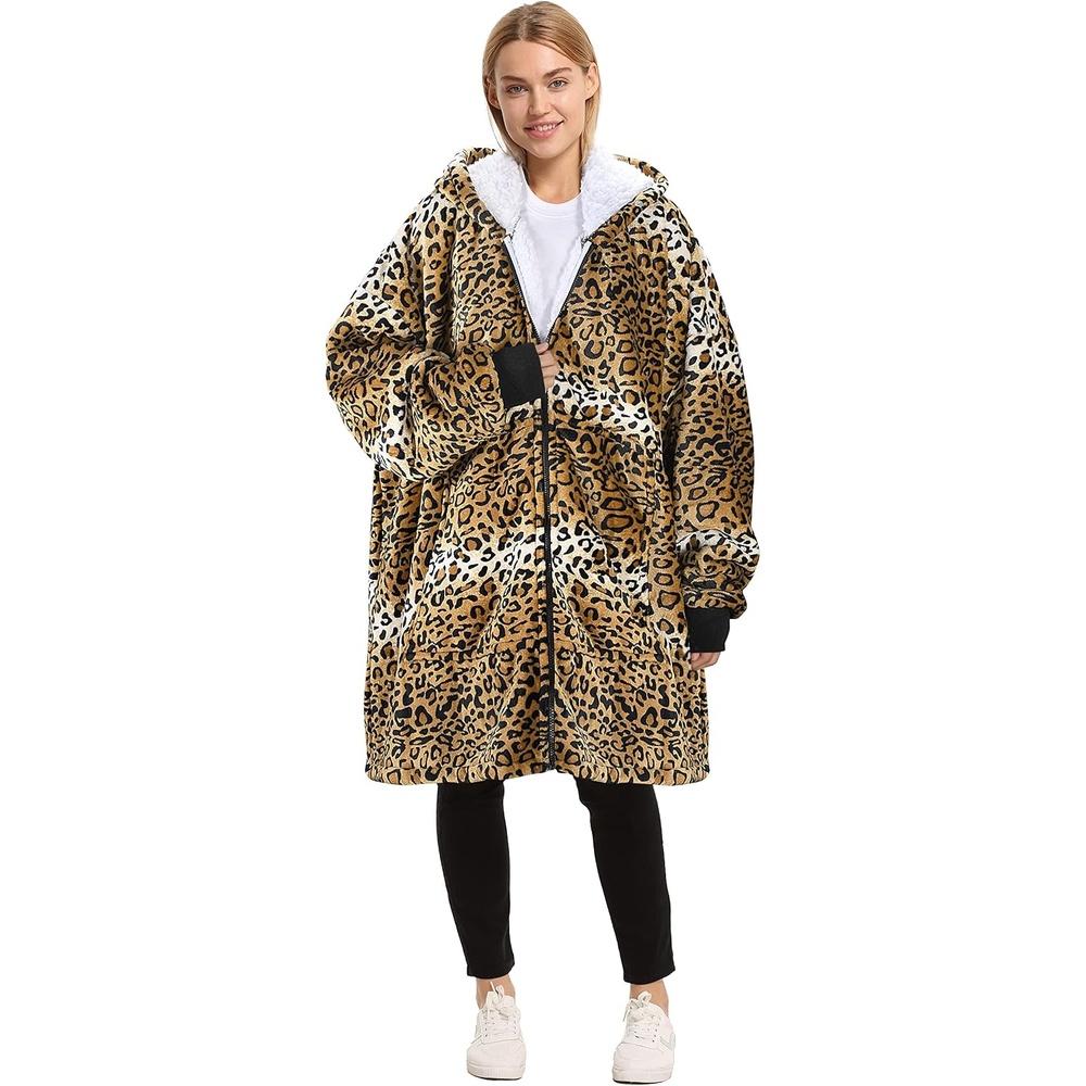 image:imageCatalonia Zip Up Wearable Blanket Hoodie Oversized Sherpa SweatshirtCheetah