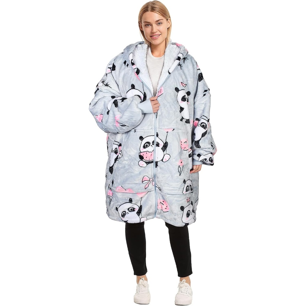 image:imageCatalonia Zip Up Wearable Blanket Hoodie Oversized Sherpa SweatshirtGirl Panda Grey