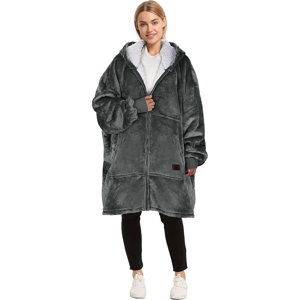 image:imageCatalonia Zip Up Wearable Blanket Hoodie Oversized Sherpa SweatshirtGrey