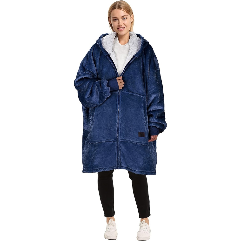 image:imageCatalonia Zip Up Wearable Blanket Hoodie Oversized Sherpa SweatshirtNavy
