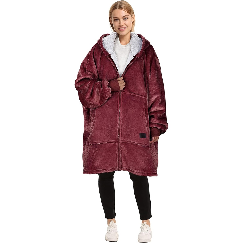 image:imageCatalonia Zip Up Wearable Blanket Hoodie Oversized Sherpa SweatshirtWine