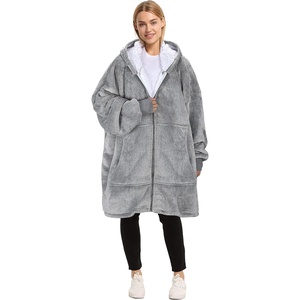 Catalonia Zip Up Wearable Blanket Hoodie, Oversized Sherpa Sweatshirt(Ash Grey)