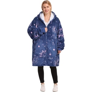 Catalonia Zip Up Wearable Blanket Hoodie, Oversized Sherpa Sweatshirt(Astrology Navy)