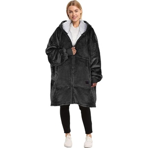 Catalonia Zip Up Wearable Blanket Hoodie, Oversized Sherpa Sweatshirt(Black)