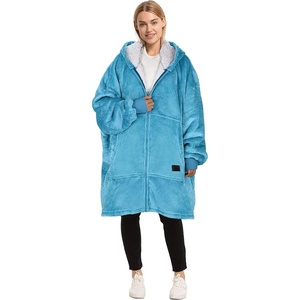Catalonia Zip Up Wearable Blanket Hoodie, Oversized Sherpa Sweatshirt(Blue)