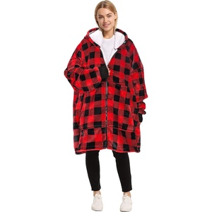 Catalonia Zip Up Wearable Blanket Hoodie, Oversized Sherpa Sweatshirt(Red Checkered)