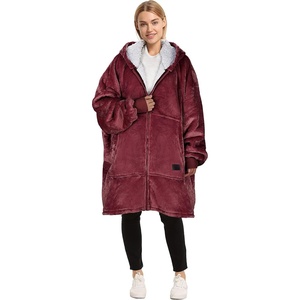 Catalonia Zip Up Wearable Blanket Hoodie, Oversized Sherpa Sweatshirt(Wine)