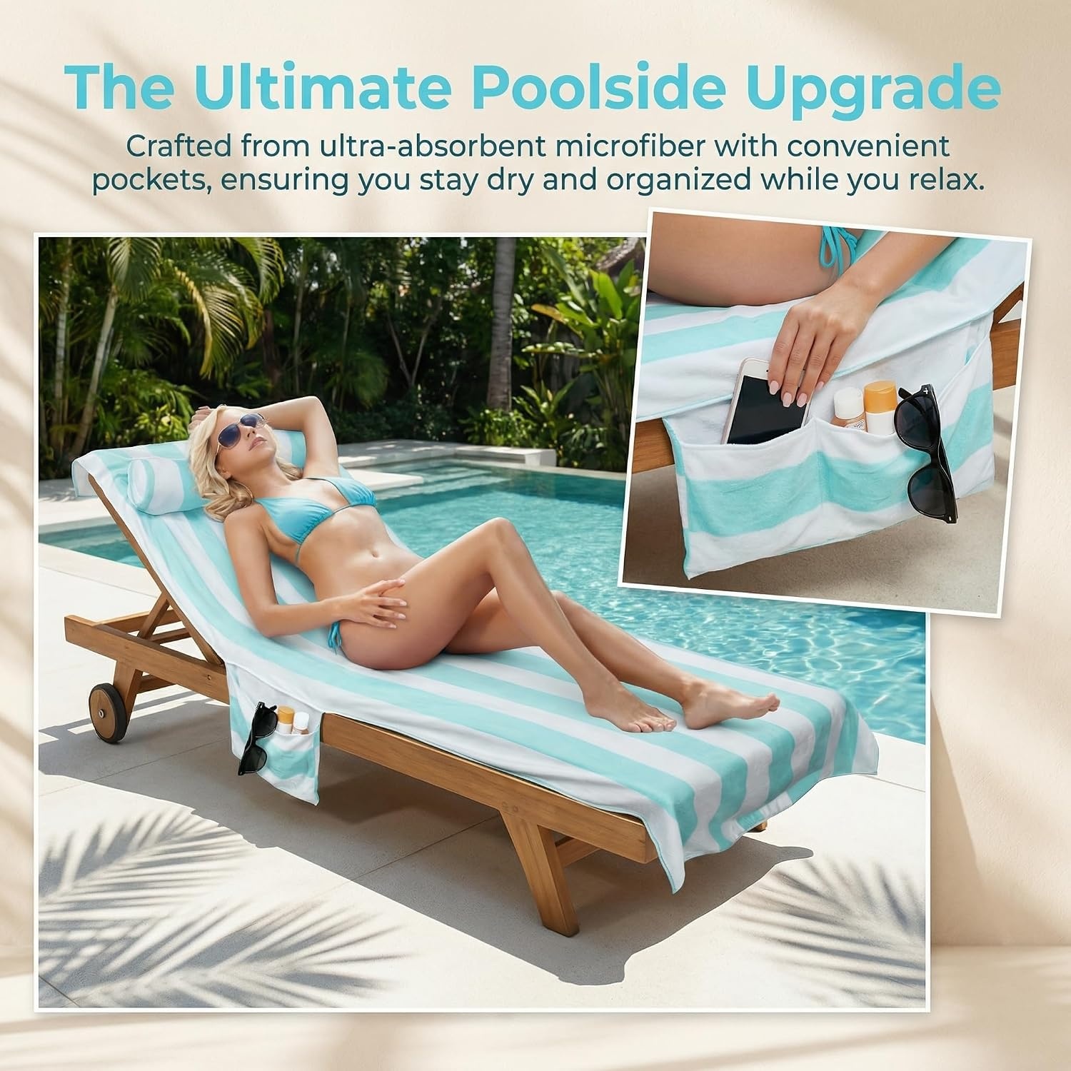 image:imageCatalonia Lounge Chair Towel Cover with Pillowcase Pocket Large Quick Dry Beach Chair Covers No Sliding Chaise Cover TowelMint Green Stripe