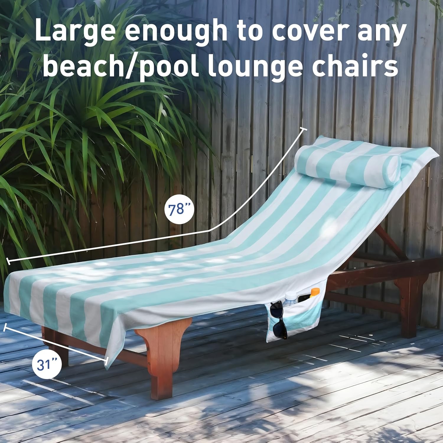 image:imageCatalonia Lounge Chair Towel Cover with Pillowcase Pocket Large Quick Dry Beach Chair Covers No Sliding Chaise Cover TowelMint Green Stripe
