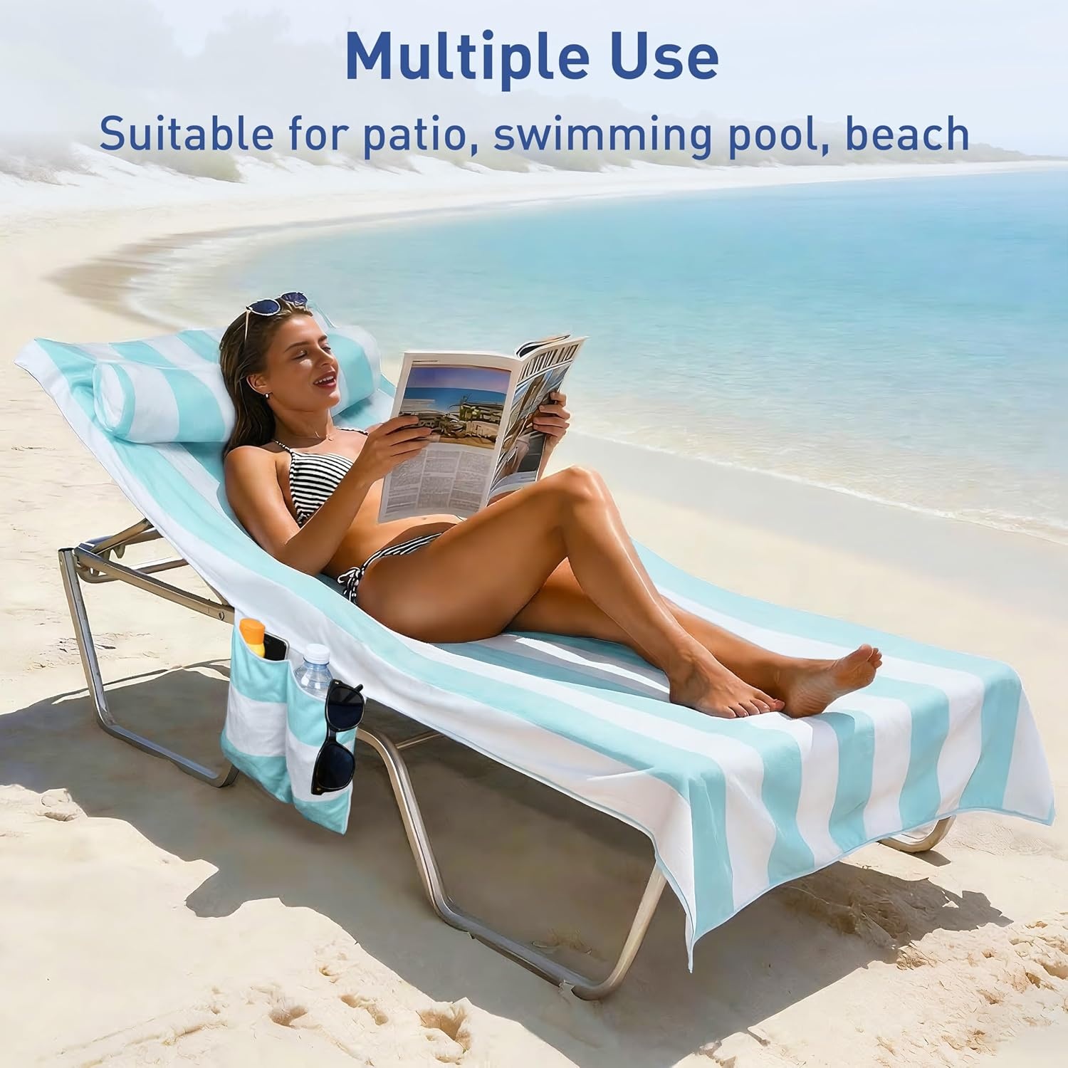 image:imageCatalonia Lounge Chair Towel Cover with Pillowcase Pocket Large Quick Dry Beach Chair Covers No Sliding Chaise Cover TowelMint Green Stripe