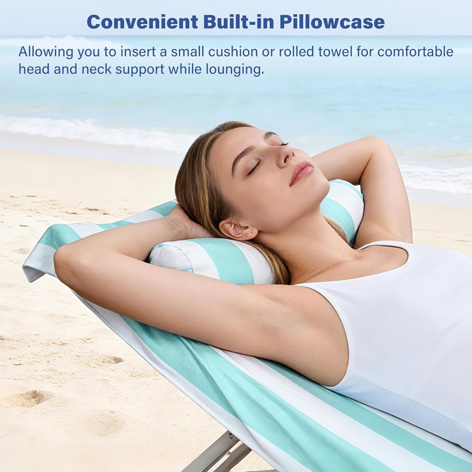 image:imageCatalonia Lounge Chair Towel Cover with Pillowcase Pocket Large Quick Dry Beach Chair Covers No Sliding Chaise Cover TowelMint Green Stripe